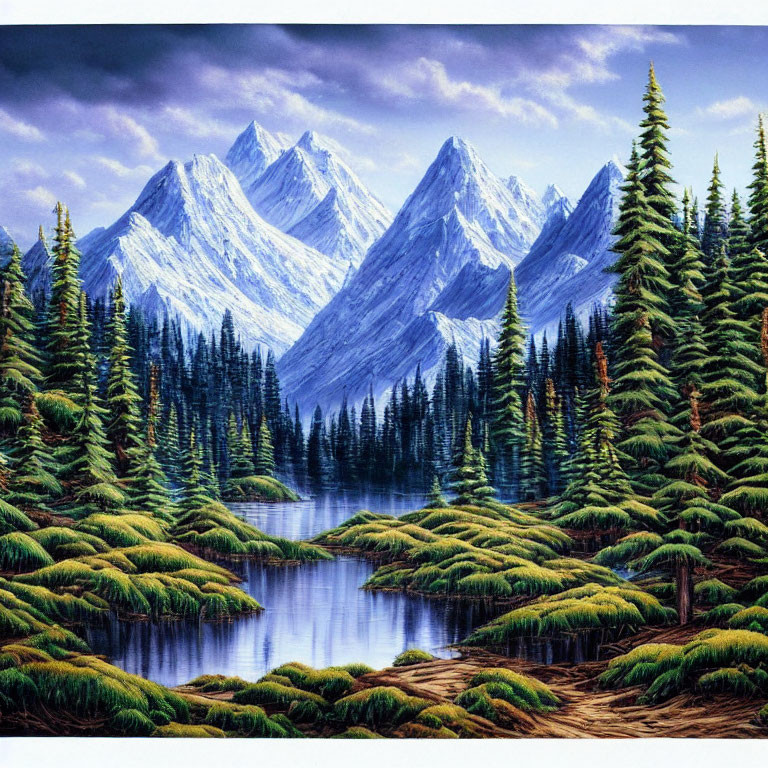 Tranquil landscape with serene lake, lush greenery, pine trees, snow-capped mountains