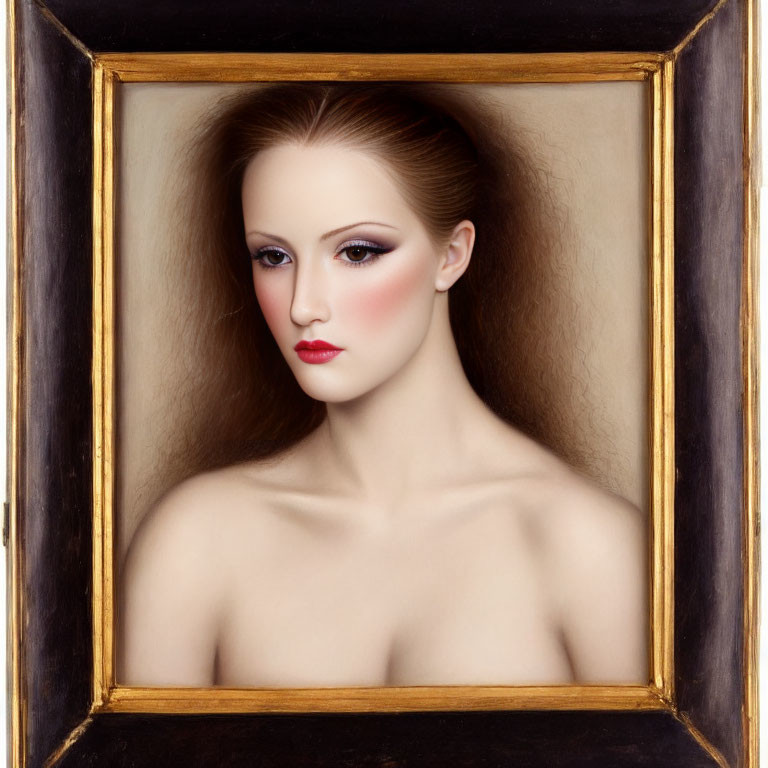 Portrait of Woman with Red Cheeks and Lips in Gold Frame