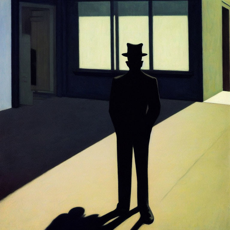 Silhouetted Figure in Hat Casting Long Shadow in Room