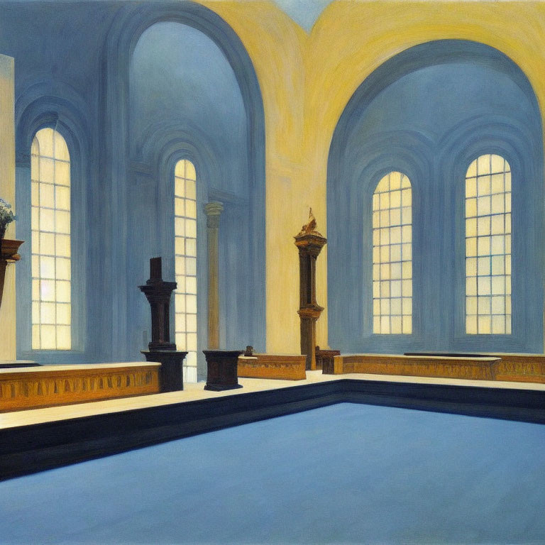 Classically designed empty room with tall arched windows, blue floor, yellow walls, and decorative pillars