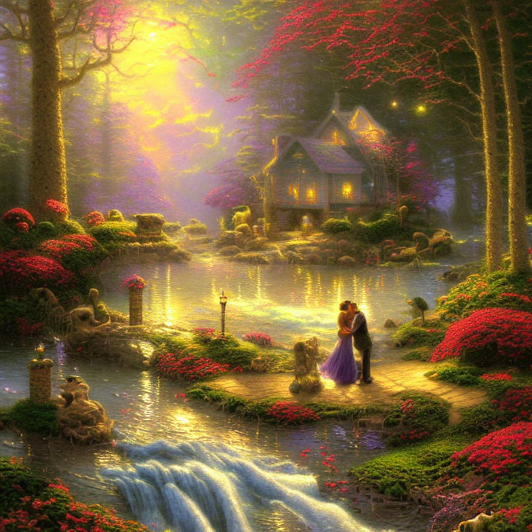 Couple on Bridge in Magical Forest with Cottage, Flowers, and Waterfall