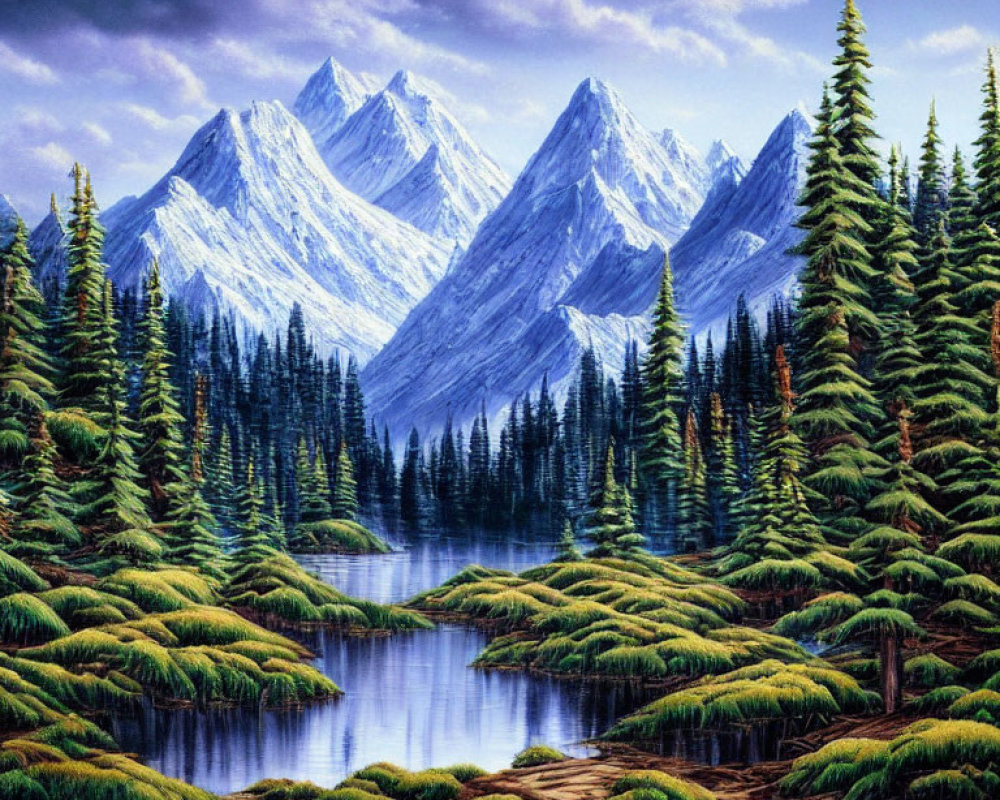 Tranquil landscape with serene lake, lush greenery, pine trees, snow-capped mountains