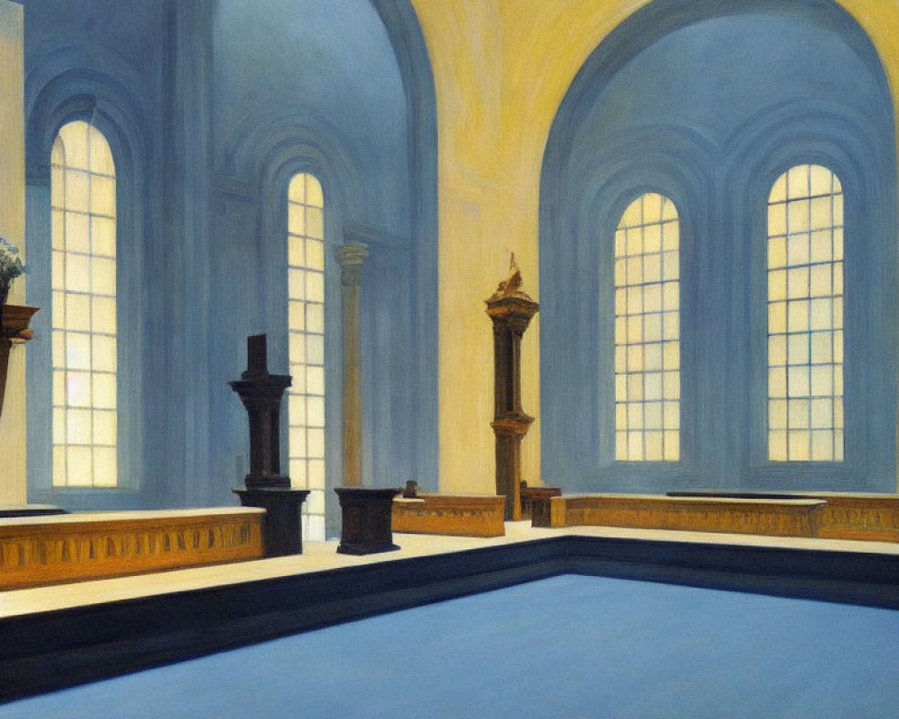 Classically designed empty room with tall arched windows, blue floor, yellow walls, and decorative pillars