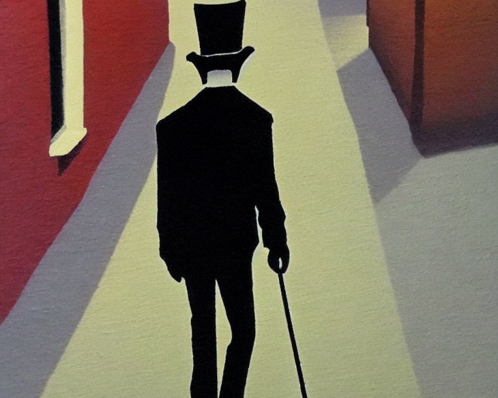 Person in Top Hat and Cane Silhouette Against Colorful Geometric Shapes