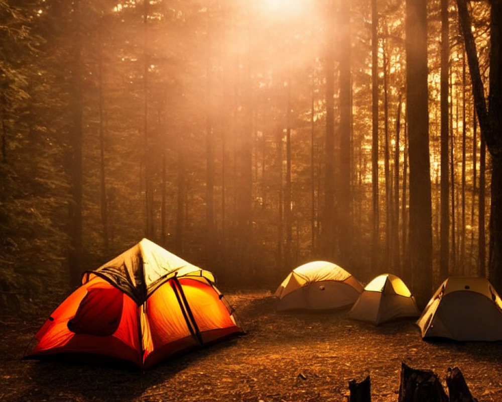 Sunlit forest campsite with tents on misty morning