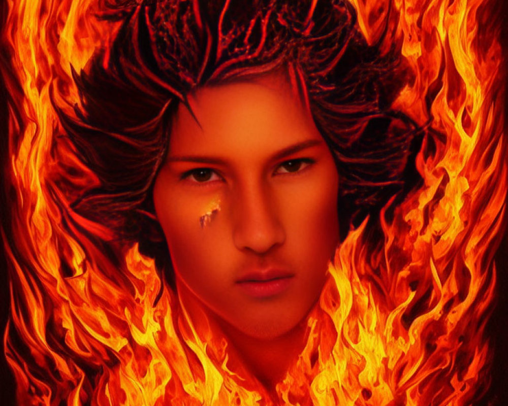 Intense expression person surrounded by vibrant flames and fiery crown.