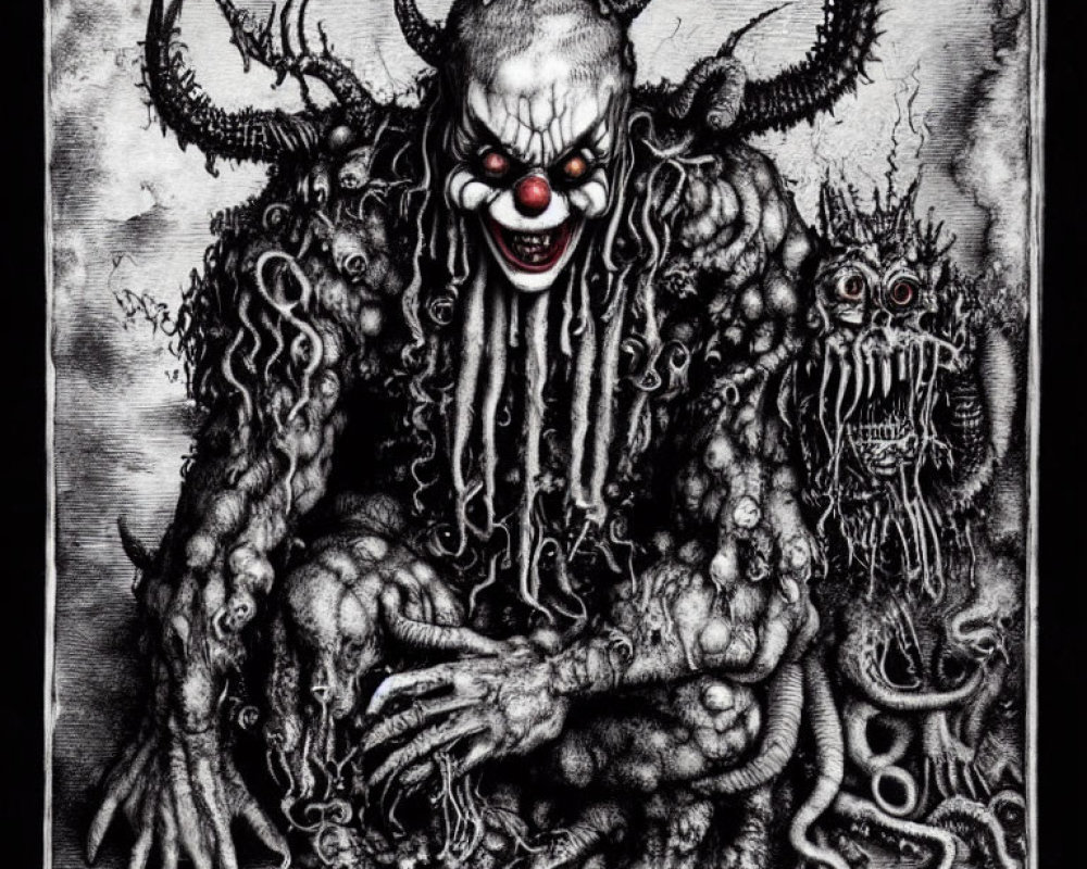 Sinister clown with demonic features and eerie creatures