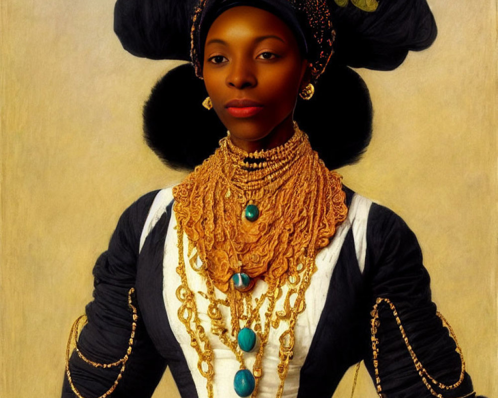 Portrait of woman with fruit and flower headpiece and gold necklaces on plain background