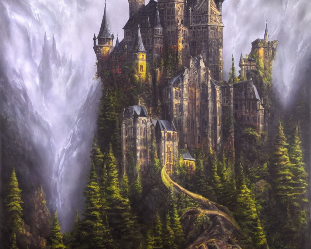 Majestic castle on rugged cliffs in misty forest landscape