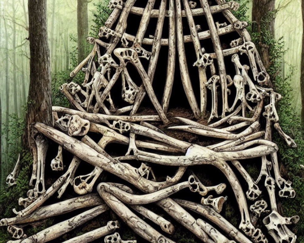 Forest scene with bone hut and scattered bones.