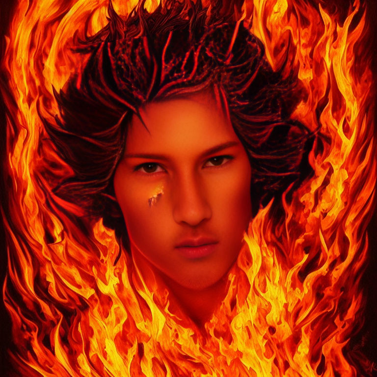 Intense expression person surrounded by vibrant flames and fiery crown.