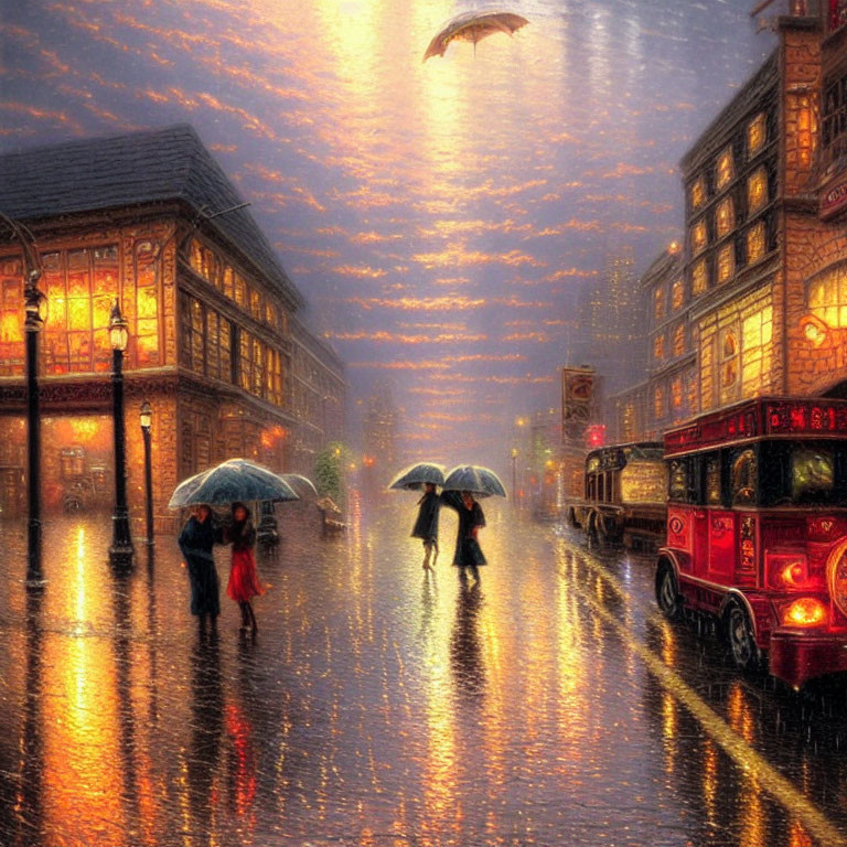 Twilight street scene with glowing lights, rain, umbrellas, and double-decker bus