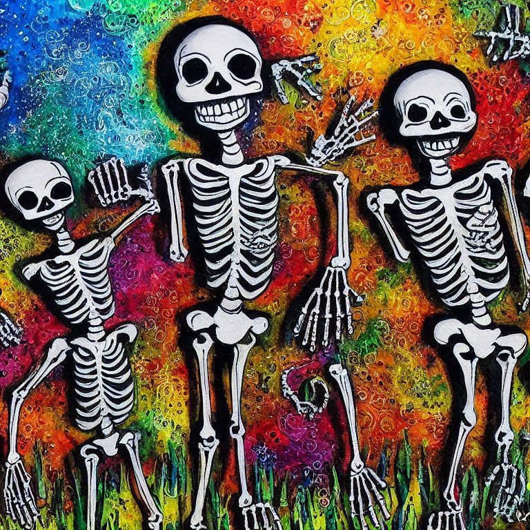 Colorful Cartoonish Skeletons on Swirled Floral Background