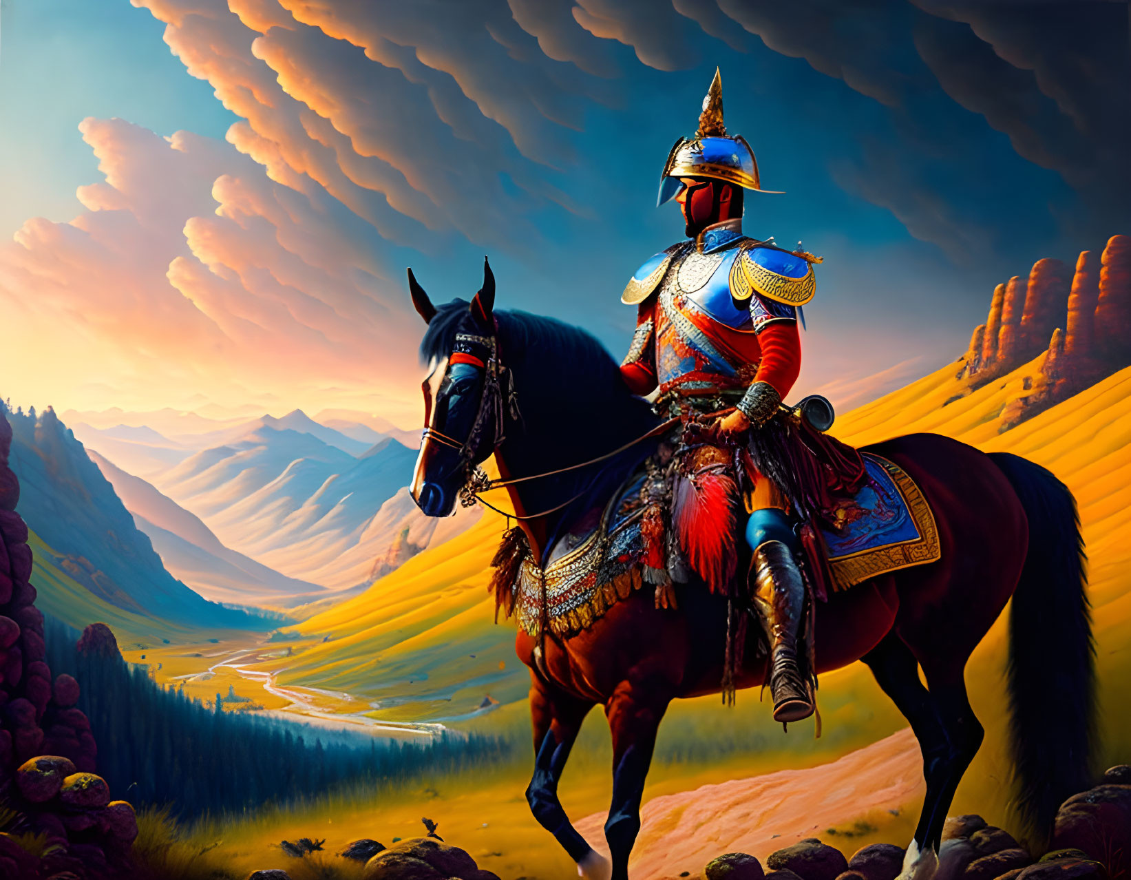 Knight in resplendent armor on black horse in vibrant landscape