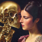 Woman with closed eyes resting head on a skeleton - a serene yet macabre image.