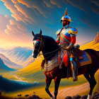 Knight in resplendent armor on black horse in vibrant landscape