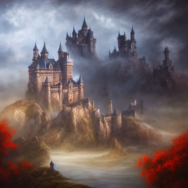 Fantasy castles in misty mountain landscape with red-leafed trees