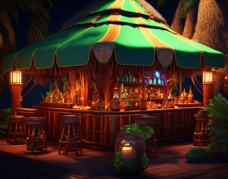 Nighttime Beach Bar with Thatched Roof and Tropical Decorations