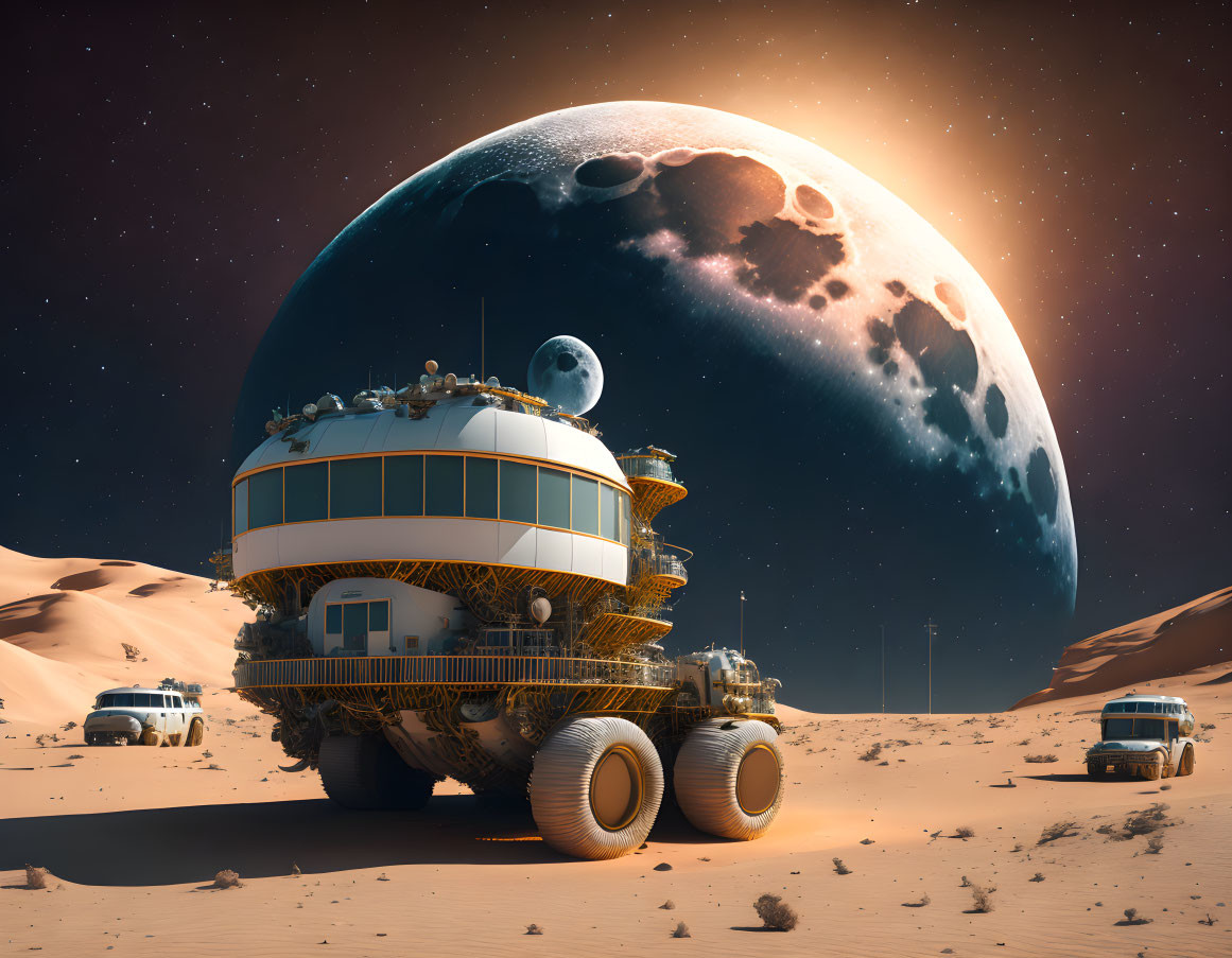 Futuristic rover exploring alien planet with large wheels and massive moon in sky