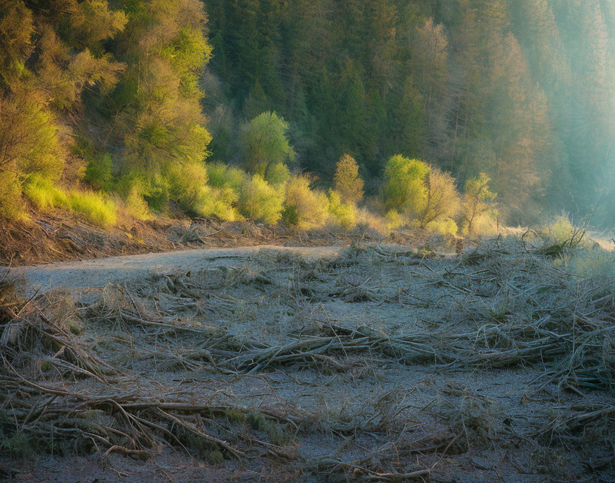 Tranquil forest scene with sunlight filtering through trees