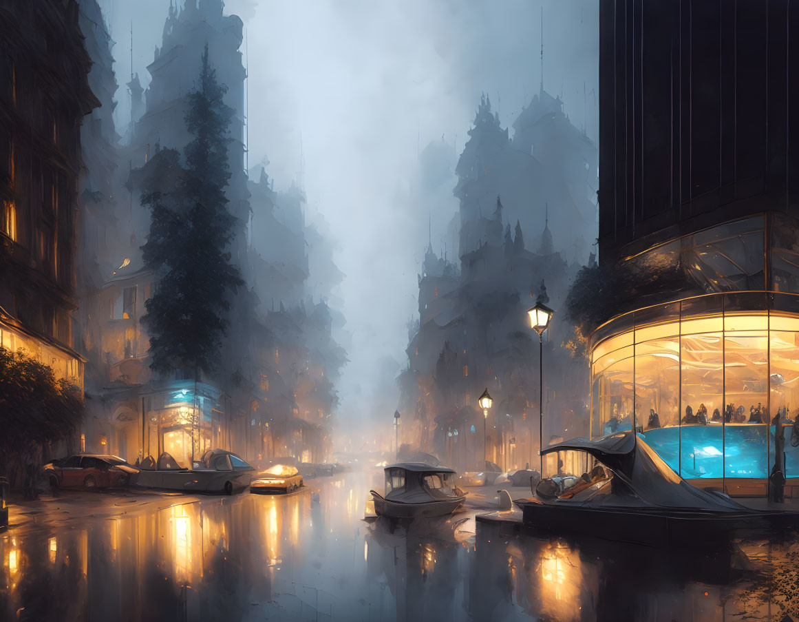 Cityscape at Dusk: Moody Atmosphere with Glowing Lamps & Futuristic Elements