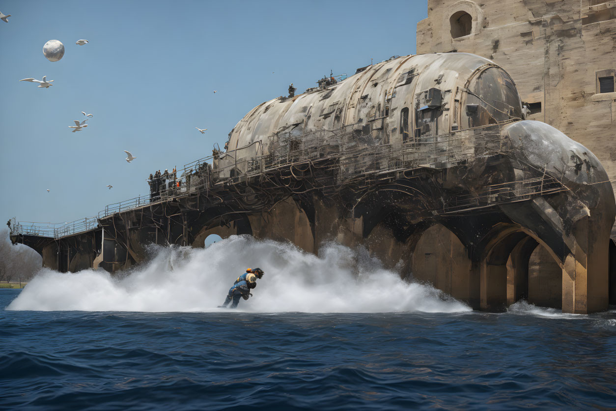 Jet ski rider near abandoned dome with birds and daytime moon