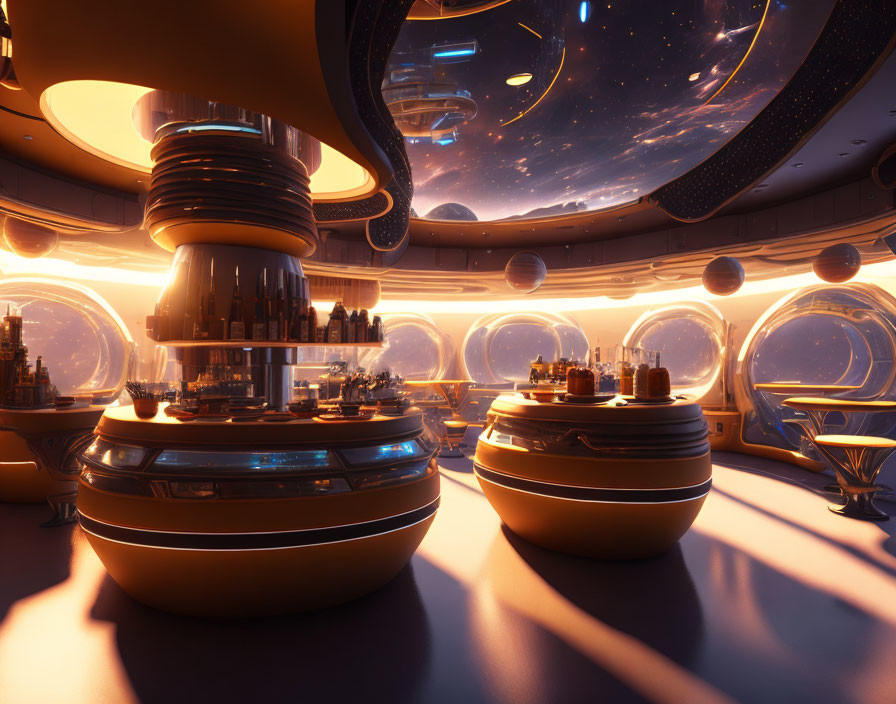 Futuristic spaceship interior with round tables, panoramic windows, and central bar