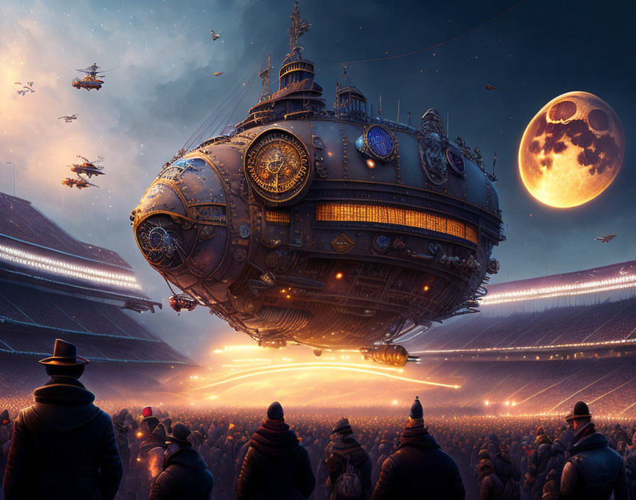 Vintage steampunk airship hovers over night stadium with moonlit sky and crowd.