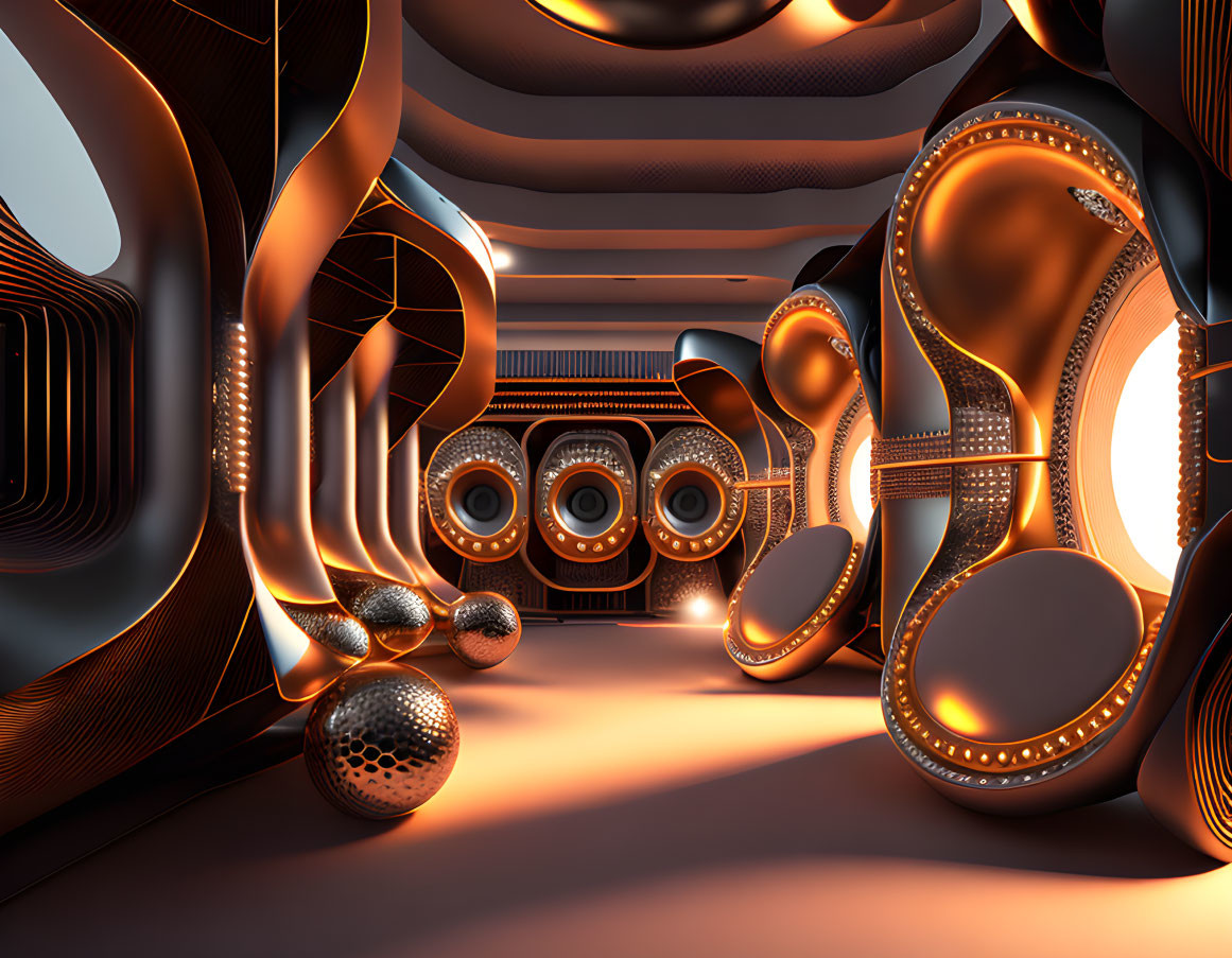 Abstract Orange-Lit Interior with Metallic Spheres and Organic Shapes