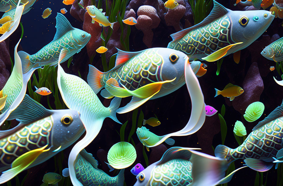 Vibrant Tropical Fish Among Coral Reefs Illustration