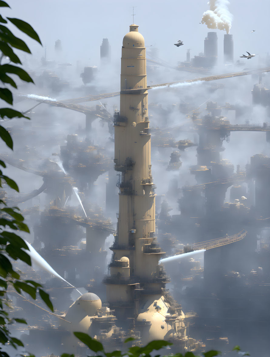 Futuristic tower in hazy cityscape with flying vehicles and bridges.