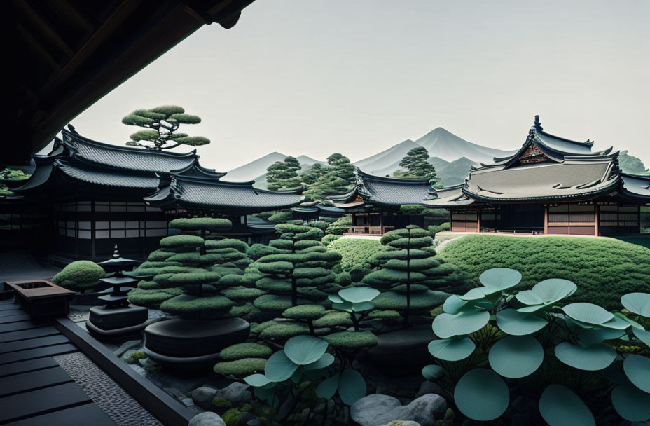 Japanese Garden with Manicured Pines, Traditional Architecture, and Lily Pads