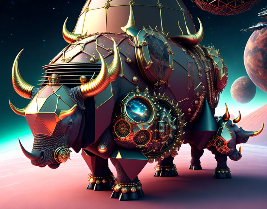 Mechanical rhinoceroses in surreal digital art with cosmic backdrop