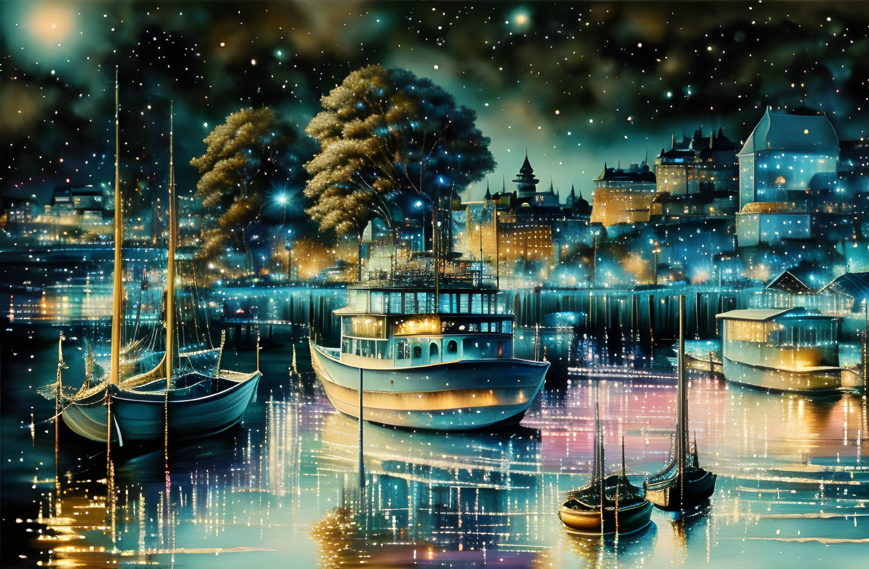 Nighttime harbor scene with boats, illuminated buildings, calm water, and starry sky