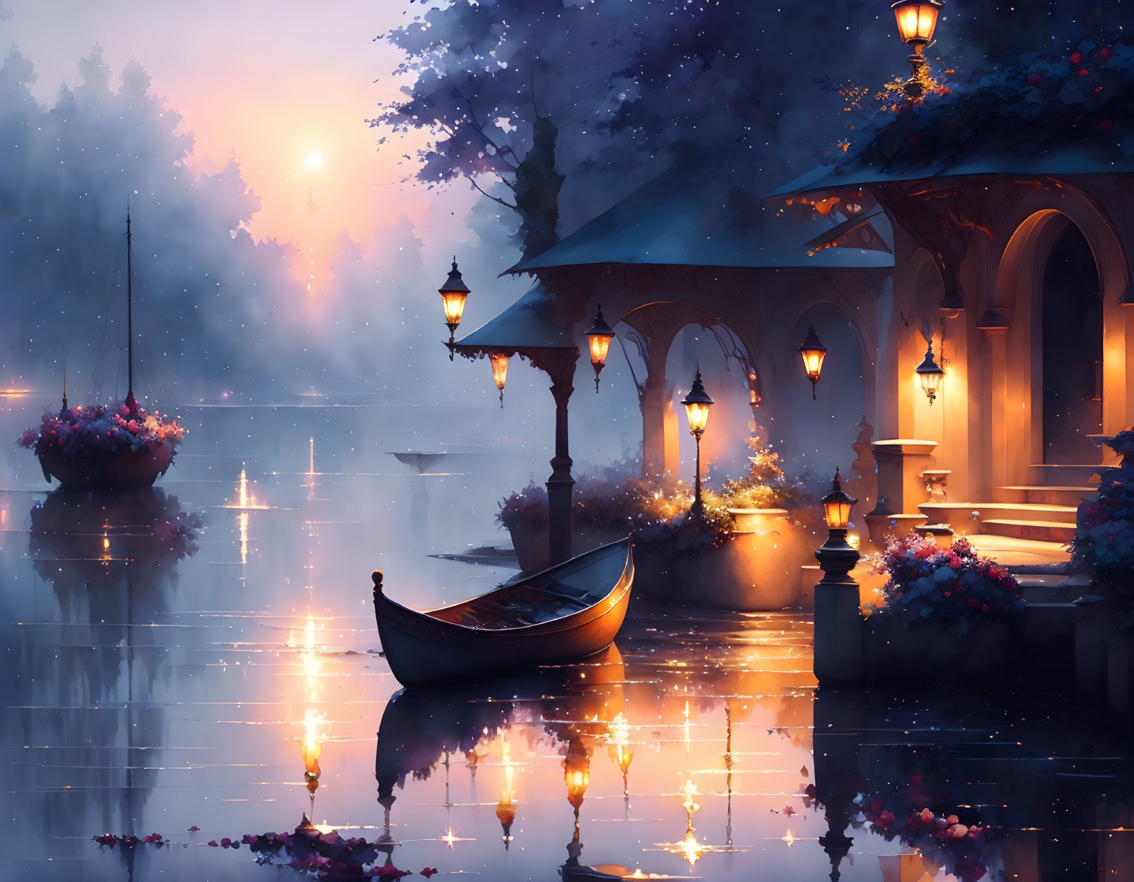 Tranquil lakeside scene with illuminated boat, blossoming flowers, and misty backdrop