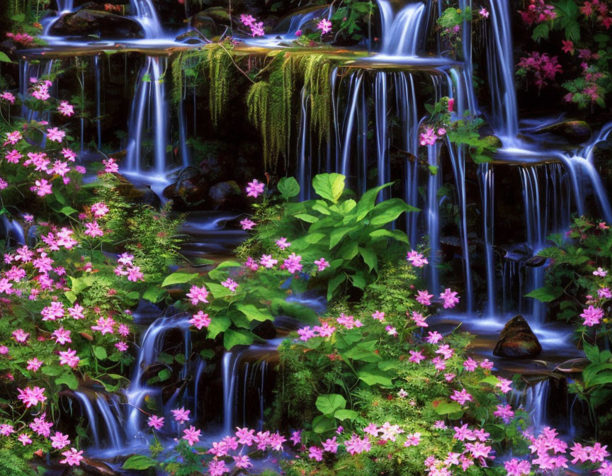 Tranquil waterfall in lush greenery with pink flowers