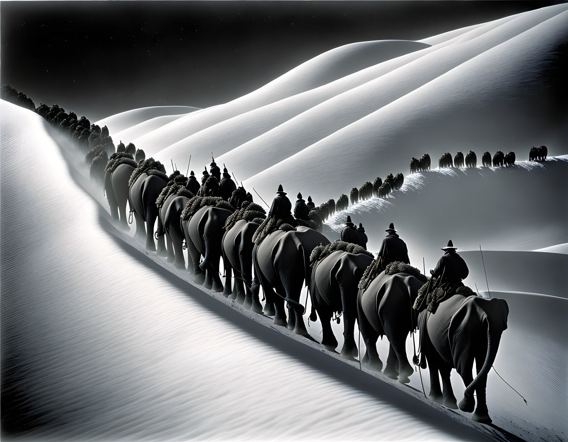 Elephants with riders crossing snowy hills at night