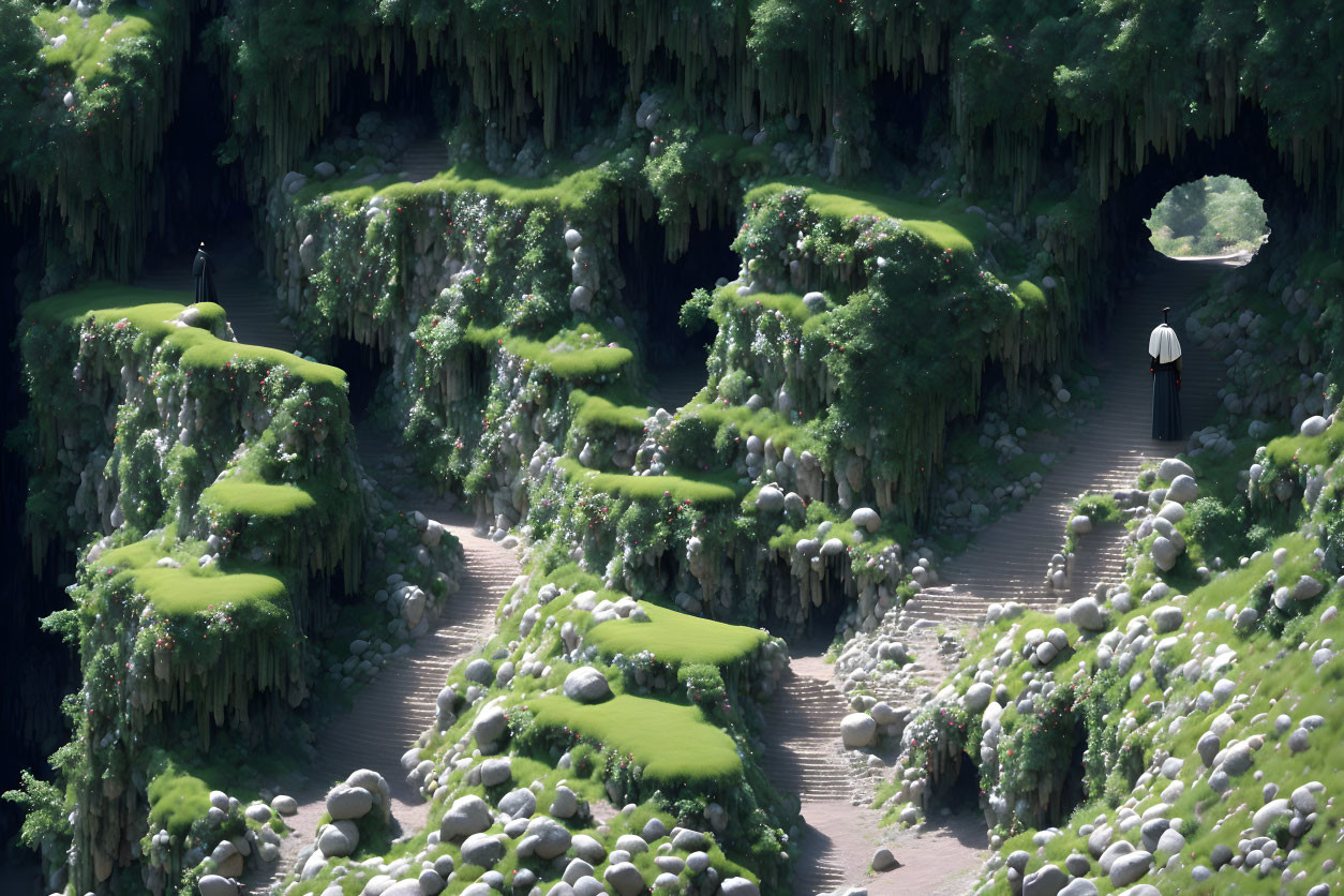 Mystical green landscape with moss-covered rocks and stairs, figures walking