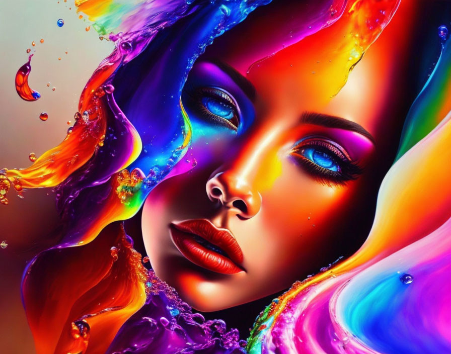 Colorful digital portrait of a woman with liquid splashes merging into hair and skin