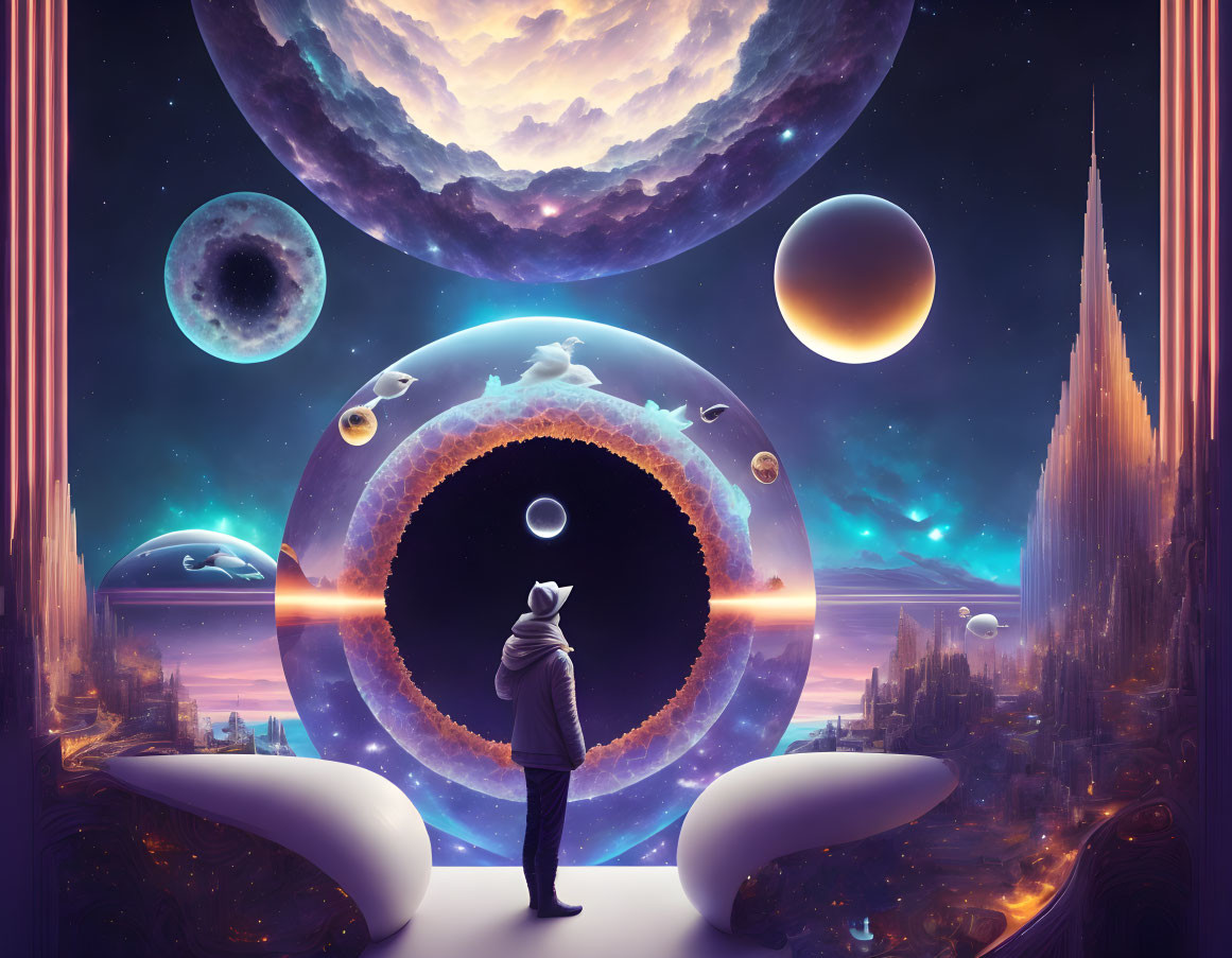 Person in surreal landscape with portal, moons, planets, spires, twilight sky