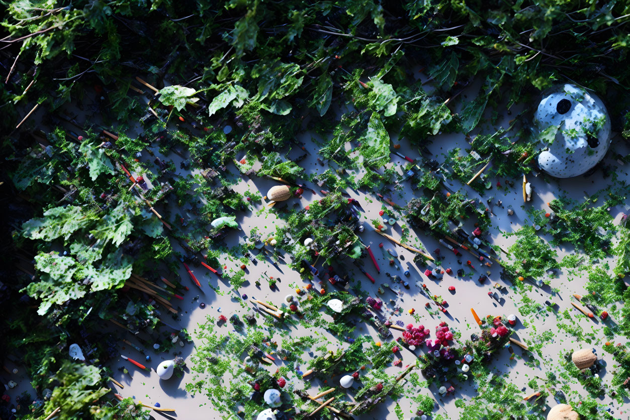 Seaweed-covered seaside rocks with seashells and red berries.