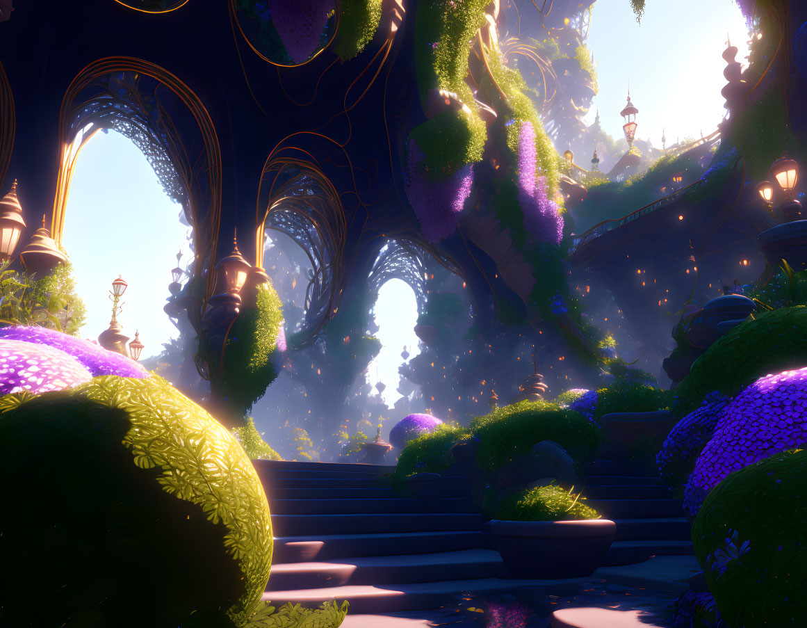 Mystical garden with purple flora, ornate arches, and glowing light