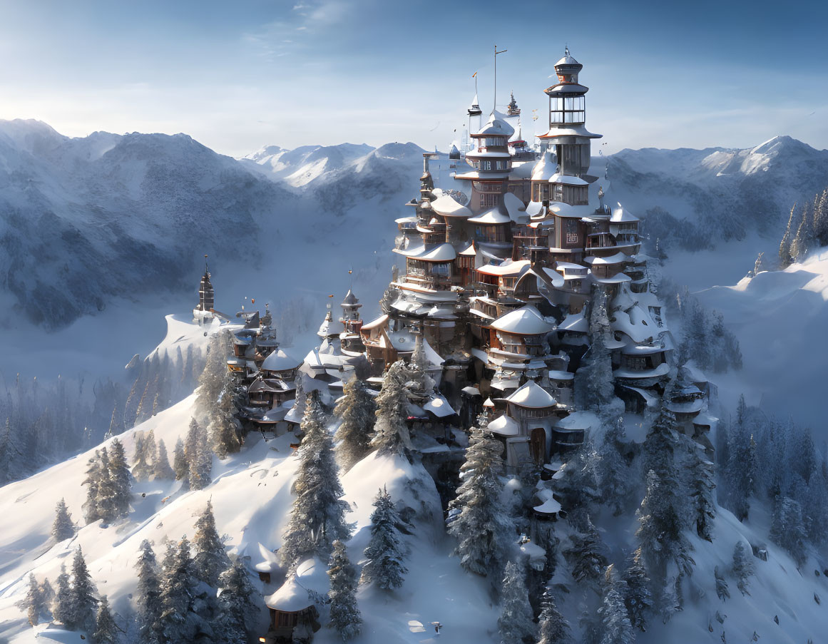 Snowy Mountain Peak Pagoda Complex in Winter Landscape