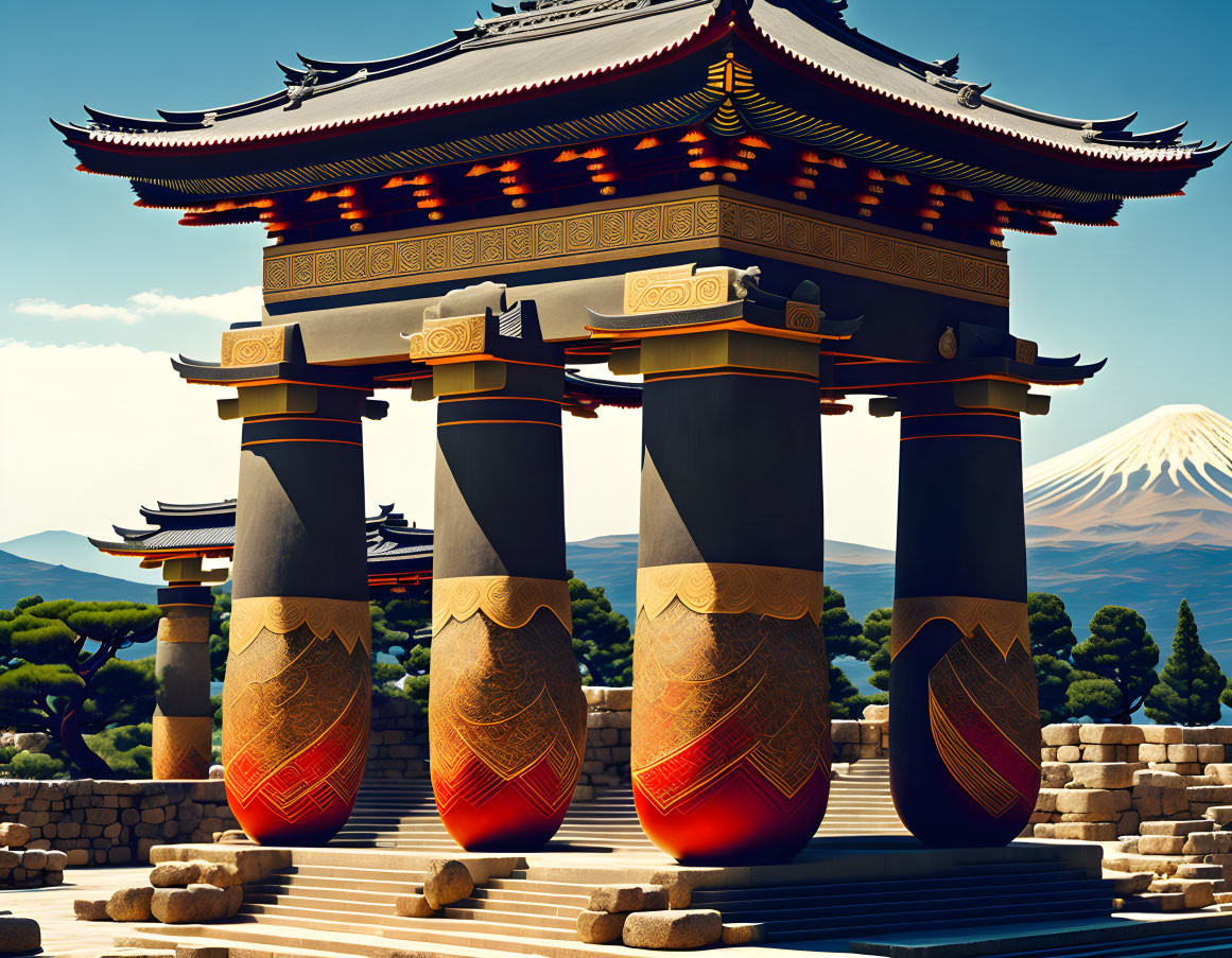 Intricate Japanese gate at temple with Mount Fuji view