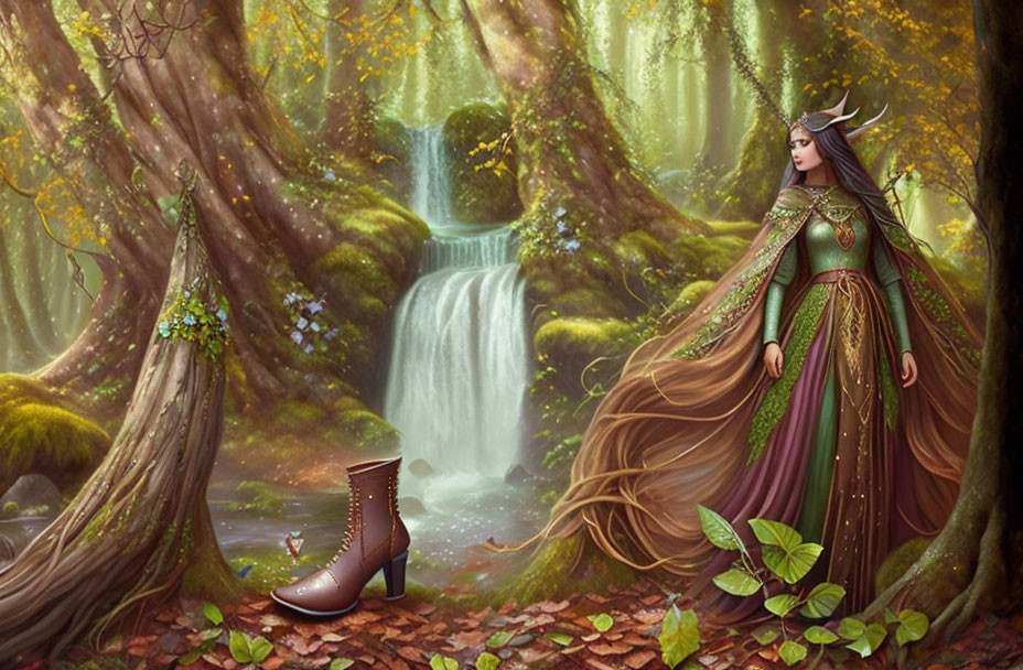 Fantasy illustration of regal female figure with antlers in green gown by waterfall