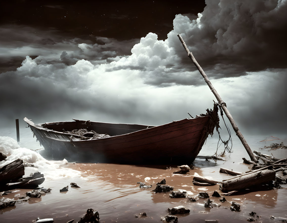 Weathered wooden boat stranded in debris under stormy skies