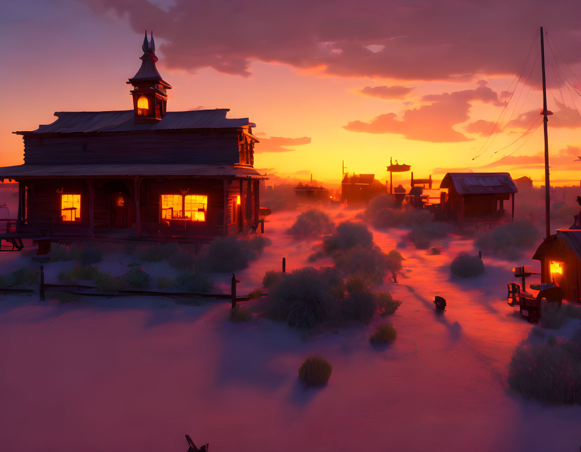 Sunset bathes Wild West town in warm light