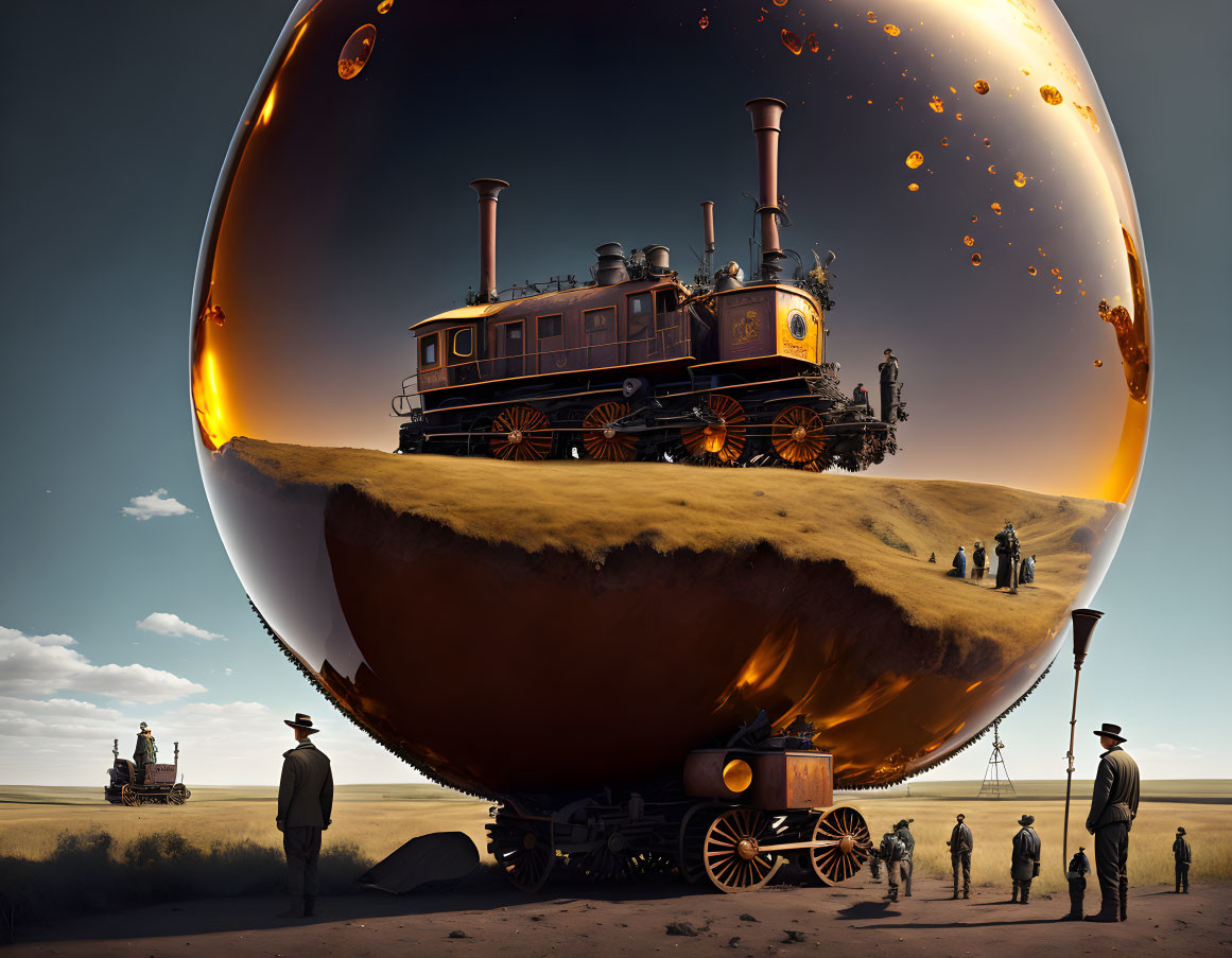 Surreal scene of people observing giant floating orb with old-fashioned train in desert