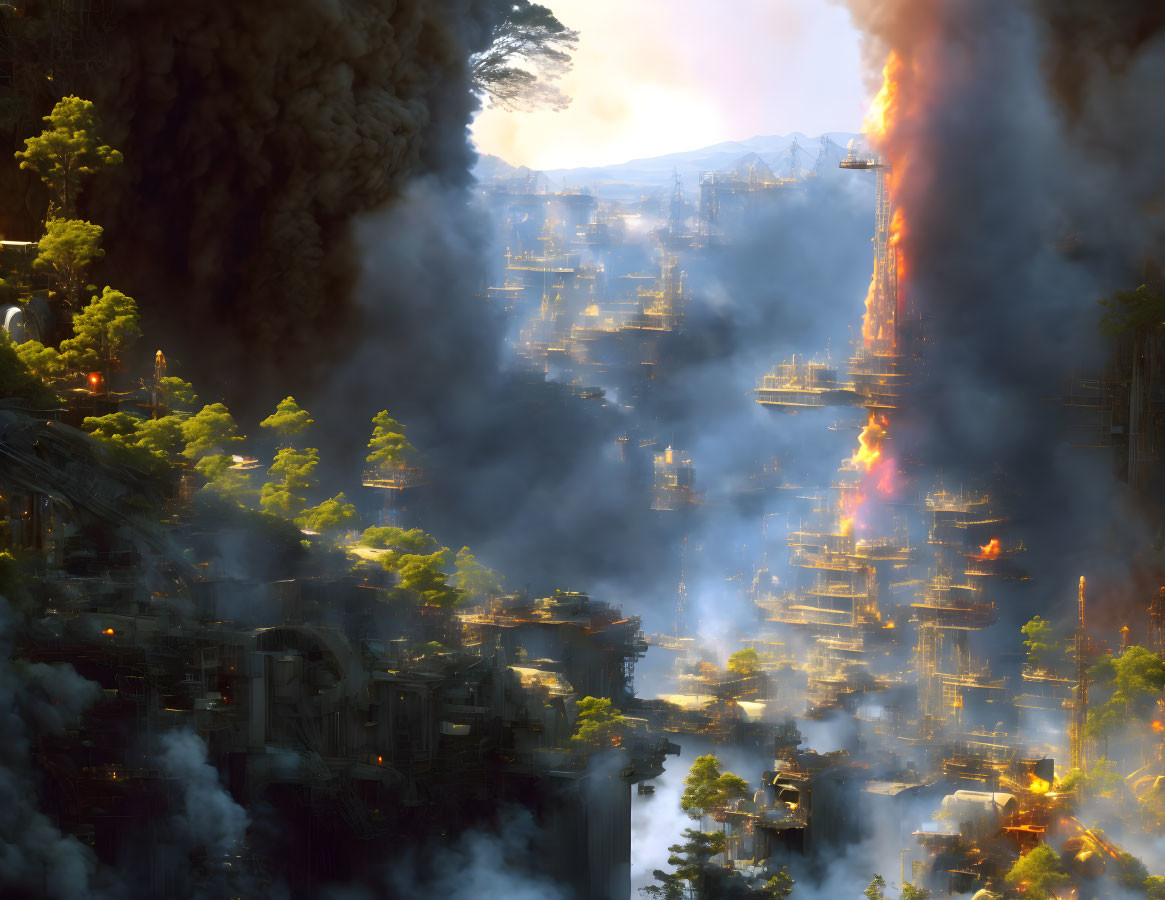 Futuristic cityscape in flames with towering structure and crane-like apparatus