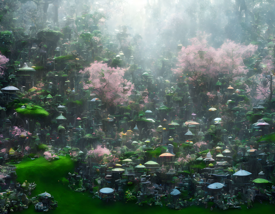 Enchanting forest scene with fog, greenery, pink blossoms, and glowing lanterns